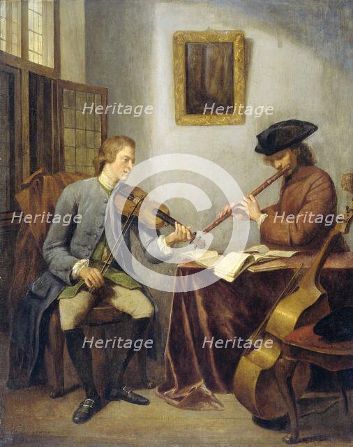 A Violinist and a Flutist Playing Music together (The Musicians), 1755. Creator: Julius Quinkhard.