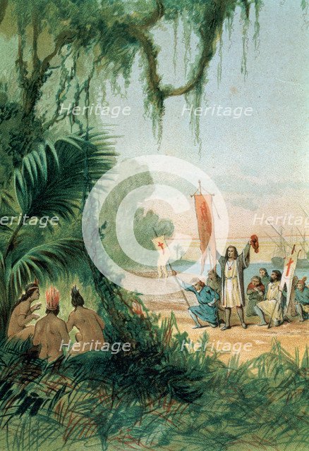 Discovery of America, landing of Columbus at the island of San Salvador on October 12, 1492, taki…