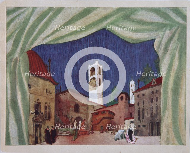 Stage design for the ballet Le donne di buon umore by C. Goldoni, 1917. Artist: Bakst, Léon (1866-1924)