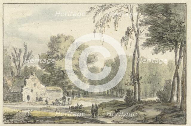 Landscape with a covered wagon outside farm buildings, 1637-1692. Creator: Roelant Roghman.