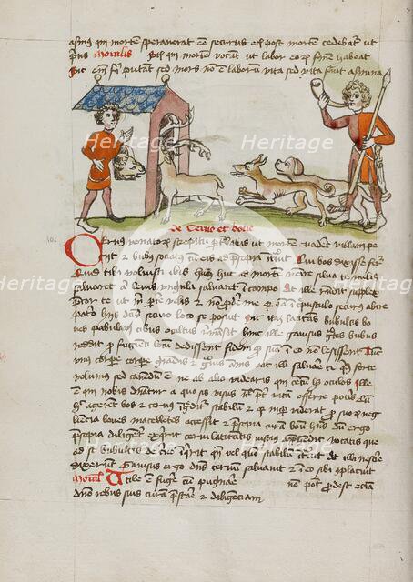 A Hunter with Dogs Hunting Stag Which Runs into an Ox Stall..., third quarter of 15th century. Creator: Unknown.