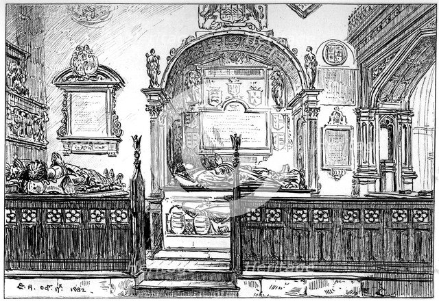 The pew at Clopton church, Stratford-upon-Avon, Warwickshire, 1885.Artist: Edward Hull