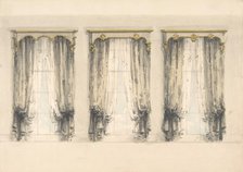 Design for Three Sets of Gray Curtains , with Gray and Gold Pediments, early 19th century. Creator: Anon.