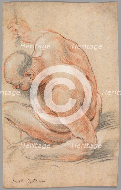 Nude Old Man Seated, Leaning on His Forearm, Facing Left, c. 1640. Creator: Jacob Jordaens.