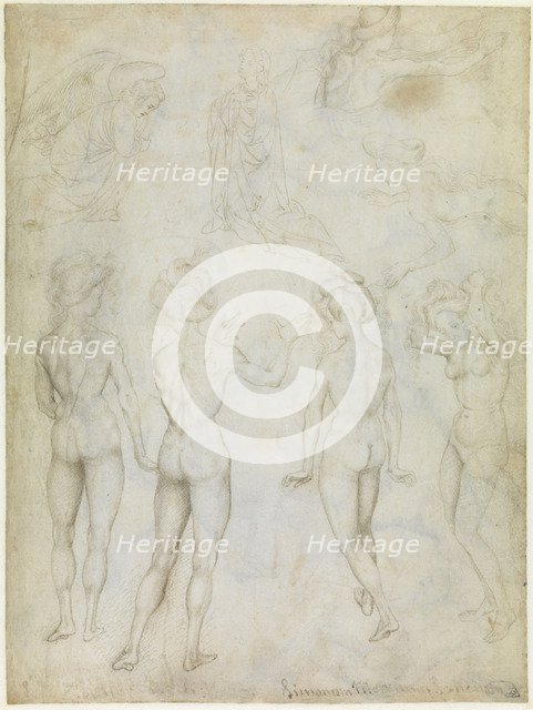 Four Studies of a Female Nude, an Annunciation and Two Studies of a Woman Swimming, c.1425. Artist: Pisanello, Antonio (1395-1455)