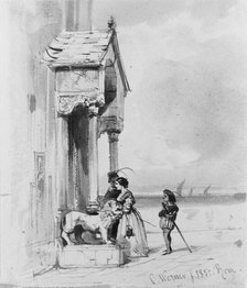 Couple Entering Building, with Attendant (from Cropsey Album), 1850. Creator: Carl Friedrich Heinrich Werner.