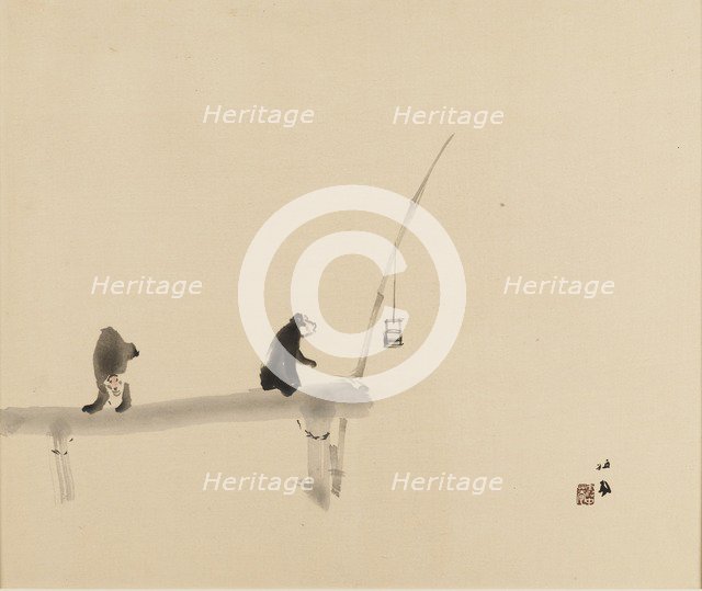 Woodblock print - Two monkeys on a jetty, late 19th-early 20th century. Artist: Takeuchi Seiko.