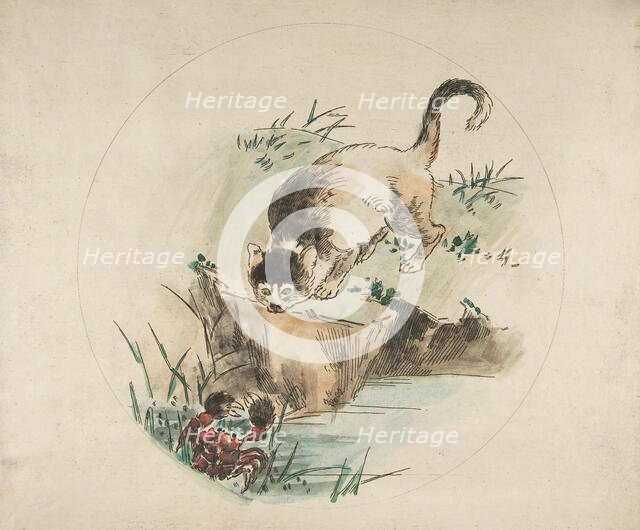 Decoration for a Plate: A Cat Hunting a Crab, 1850-1914. Creator: Felix Bracquemond.