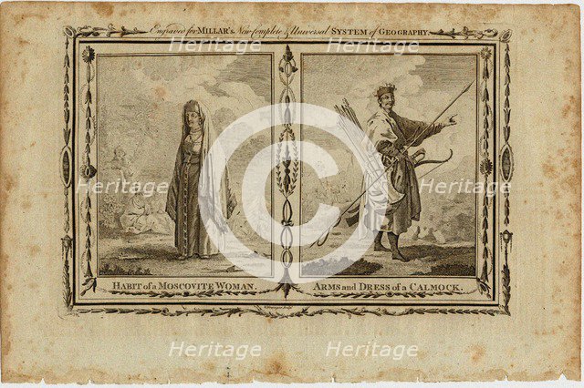 Habits of a Moscovite Woman and Arms and Dress of a Kalmyk, ca 1730. Artist: Grainger, William (active 1784-1793)