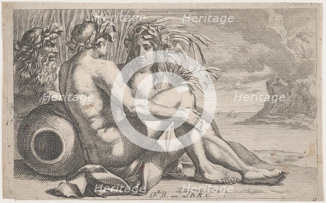 River gods reclining before a seascape, 1651-82. Creator: François Bourlier.