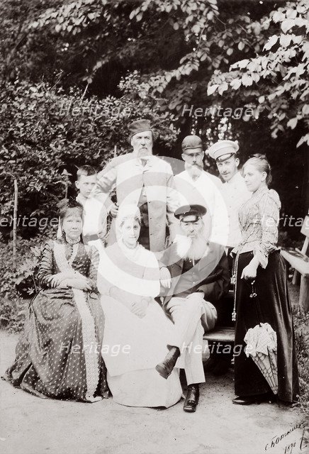 Russian poet Yakov Polonsky and his family visiting the poet Afanasy Fet, c1890.  Artist: Sergei Dmitrievich Botkin