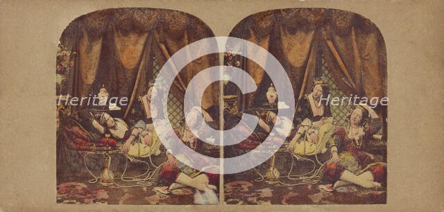 Parlor scene: women lounging after smoking a hookah, about 1860. Creator: Edward Anthony.