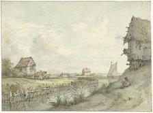 River landscape with draftsman sketching between huts, 1776-1822. Creator: Jan Hulswit.