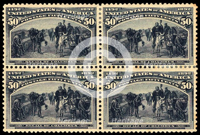 50c Recall of Columbus block of four, 1893. Creator: Unknown.