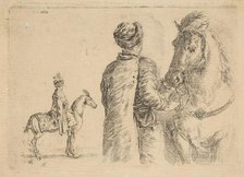 A Polish groom, from the back, holding a horse by the bridle, ca. 1662. Creator: Stefano della Bella.