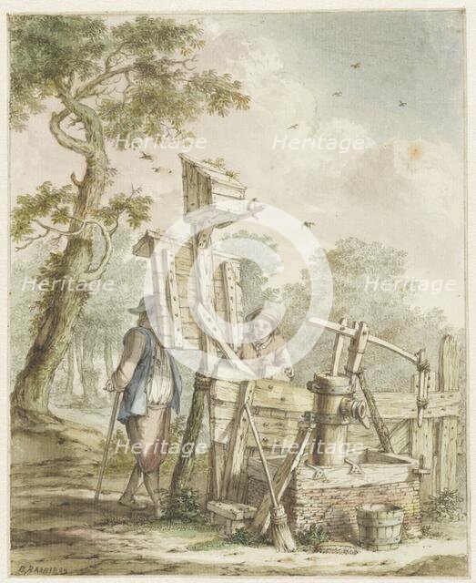 Landscape with two men at a noticeboard near a water pump, c.1750-1808. Creator: Bartholomeus Barbiers.