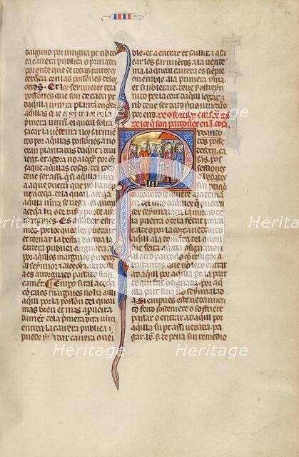 Initial Q: Three Men Standing before a Judge and Pointing to Two Men in..., about 1290-1310. Creator: Unknown.