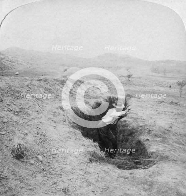 Side view of a Boer trench at the foot of Hlangwane Hill, South Africa, 1901. Artist: Underwood & Underwood