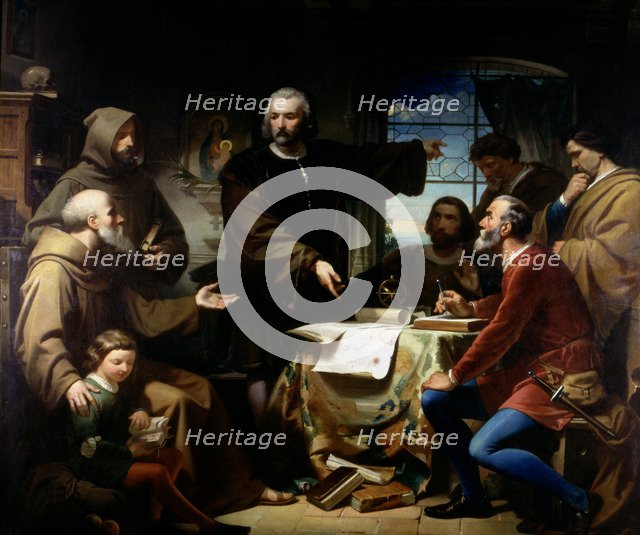 Columbus in the Rabida', oil of 1856,  Christopher Columbus (1451-1506) Italian navigator in the …