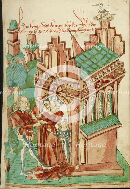 The King's Brother Welcomed by his (own) Wife and Daughter; Barlaam und Josaphat, 1469. Creators: Hans Schilling, Diebolt Lauber.