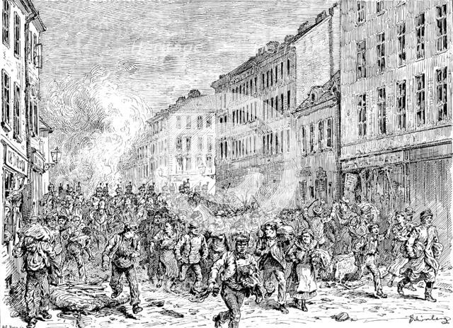 The Riots in Vienna: Hussars chasing mob in the Lerchenfelder-Strasse, 1890. Creator: Unknown.