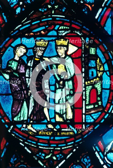 Constantine greets Charlemagne at Constantinople, stained glass, Chartres Cathedral, France, c1225. Artist: Unknown