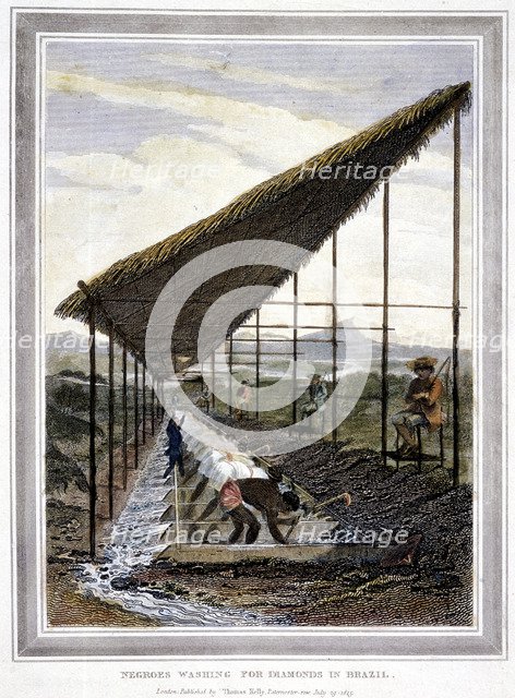 Negro slaves washing for diamonds watched over by supervisors with whips, Brazil, 1815. Artist: Unknown