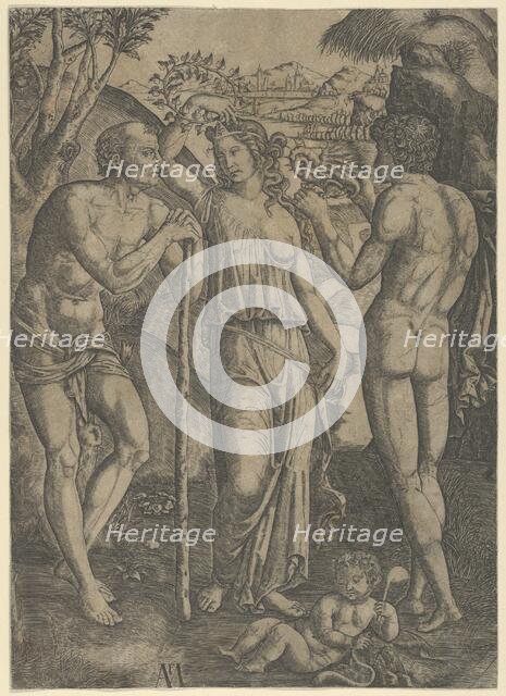 An allegorical scene; a young woman at centre holding a wreath above her head, at l..., ca. 1515-27. Creator: Marcantonio Raimondi.