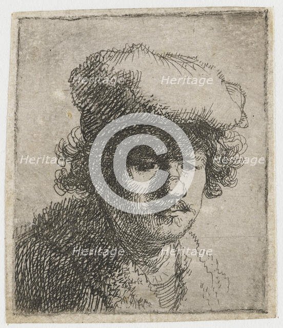 Self-portrait with cap pulled forward, c.1630. Creator: Rembrandt van Rhijn (1606-1669).