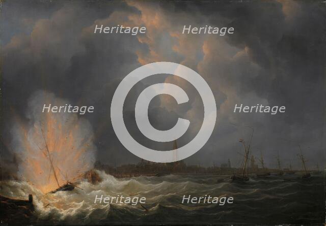 The Explosion of Gunboat nr 2, under Command of Jan van Speijk, off Antwerp, 5 February 1831, 1832. Creator: Martinus Schouman.