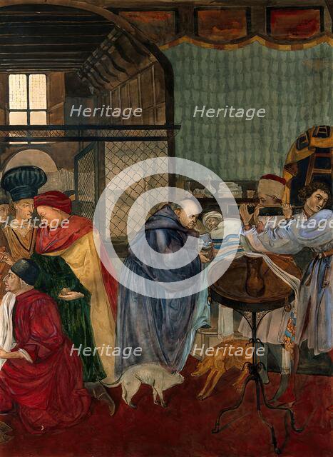 Hospital of Santa Maria della Scala, Siena: a monk receiving the confession of a dying man, c1912. Creator: Unknown.