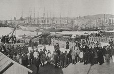 Troops embarkation for the island of Cuba from the port of Barcelona, Spain, 25 February 1898.  Creator: Unknown.