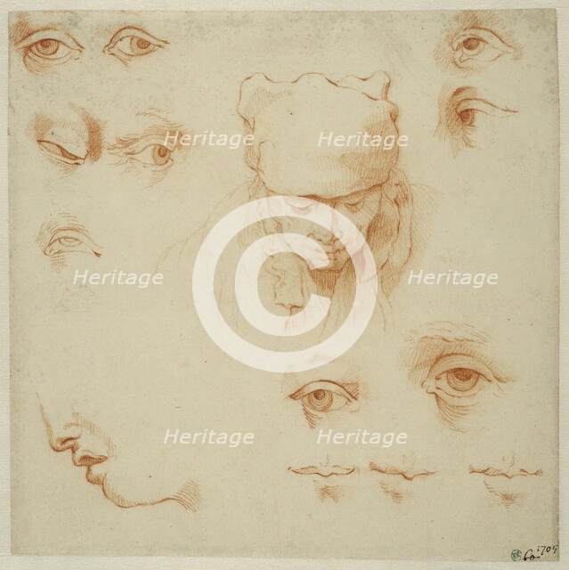 An old woman's head, studies of eyes and mouths. Creator: Abraham Bloemaert.