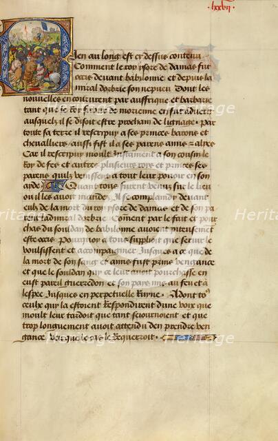 Initial B: Gillion Defeating the Emir of Tripoli; Roman de Gillion de Trazegnies, 1464. Creators: Lieven van Lathem, David Aubert.