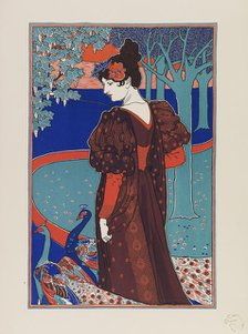 Woman with Peacocks, ca 1897. Creator: Rhead, Louis John (1858-1926).