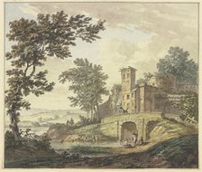 Far a bridge and several buildings, five children are bathing in the water. Creator: Hermanus Numan.