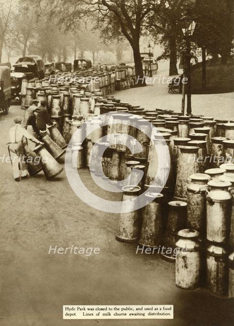 Milk churns at Hyde Park during the General Strike, London, 1926, (1935). Creator: Unknown.