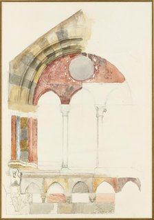 A Window of the Broletto, Como: rapid Sketch in Colour, showing Method of inlaying Marbles, 1869? Creator: John Ruskin.
