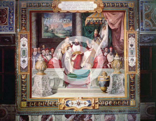 Alexander Farnese with his brother Octavio making an offering to Pope Julius III.