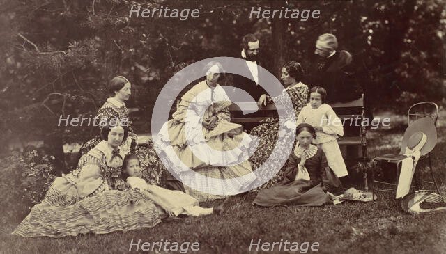 [Group Portrait of Four Women, Two Men and Three Children in a Garden], 1850s-60s. Creator: Franz Antoine.