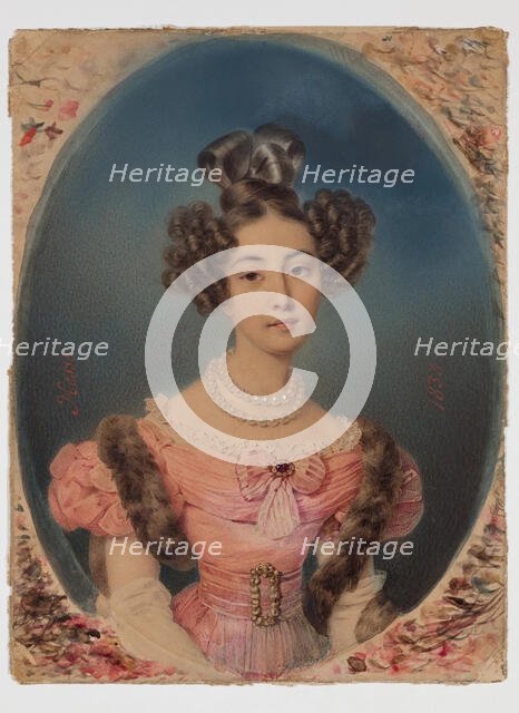 Young Lady in a Pink Dress and Fur Stole, 1833. Creator: Henri-Joseph Hesse.