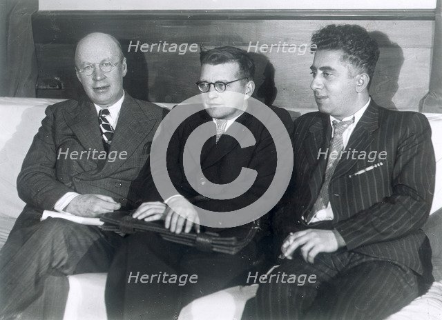 Sergei Prokofiev, Dmitri Shostakovich and Aram Khachaturian, Russian composers, 1945. Artist: Unknown