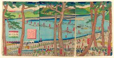 Procession of Minamoto no Yoritomo across the Oi River (Minamoto Yoritomo ko Oikawa..., 1863. Creator: Sadahide Utagawa.