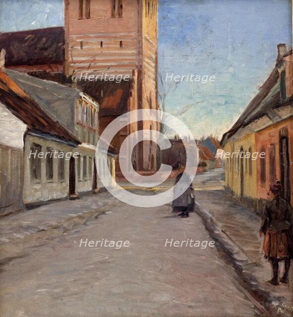 Street in Koge with Nicolai church on the left, 1898. Creator: Albert Gottschalk.