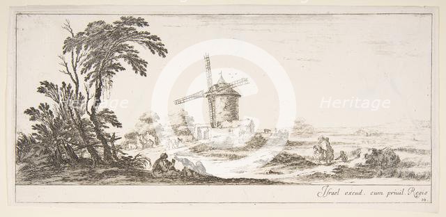Plate 10: a family in center foreground, various figures and horses in middleground, a..., ca. 1641. Creator: Stefano della Bella.