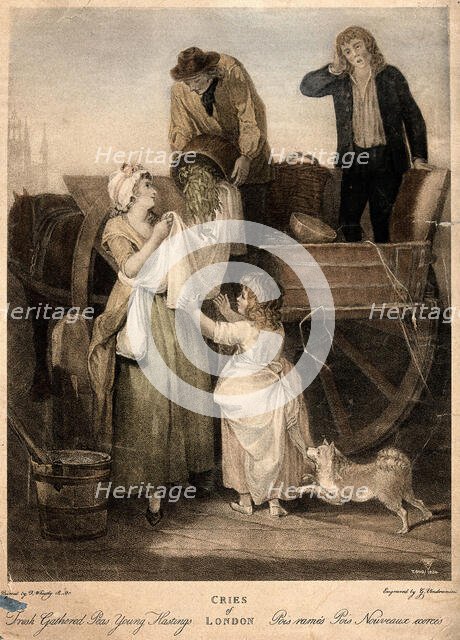 A young woman is holding up her apron to catch the peas which are being poured..., c1790s Creator: Francis Wheatley.