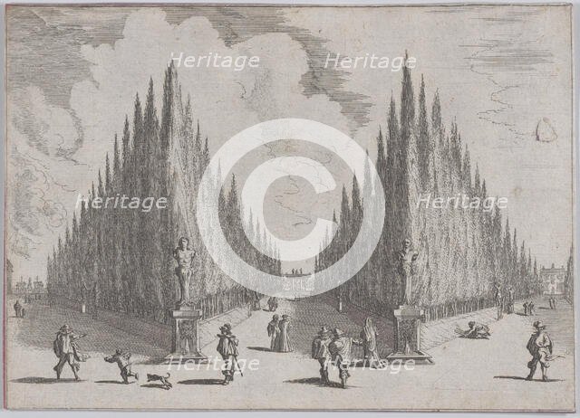 Three alleés separated by two groups of trees in pointed configurations, from 'Views of Ga..., 1636. Creator: Johann Wilhelm Baur.