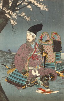 Warrior Taira-no-Tadanori about to Sleep under a Cherry Tree (image 2 of 3), 1884. Creator: Kobayashi Kiyochika.