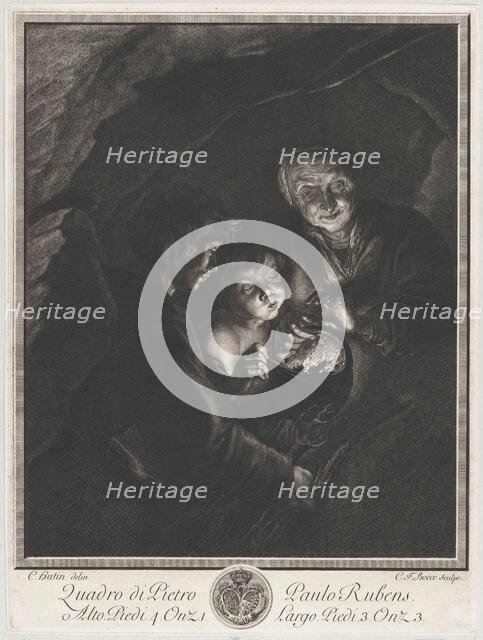 Night scene in a cave with an old woman holding burning coals in a pot, a boy blowi..., ca. 1750-57. Creators: Christian Friedrich Boëtius, Charles Hutin.