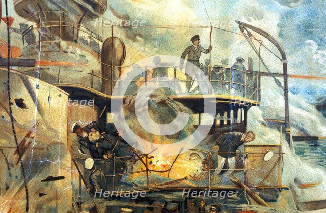 Naval battle between Russian and Japanese fleets, Russo-Japanese War, 1904-5. Artist: Unknown